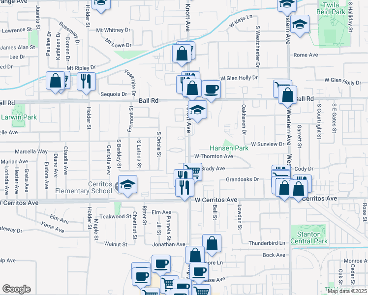 map of restaurants, bars, coffee shops, grocery stores, and more near 3515 West Stonepine Lane in Anaheim