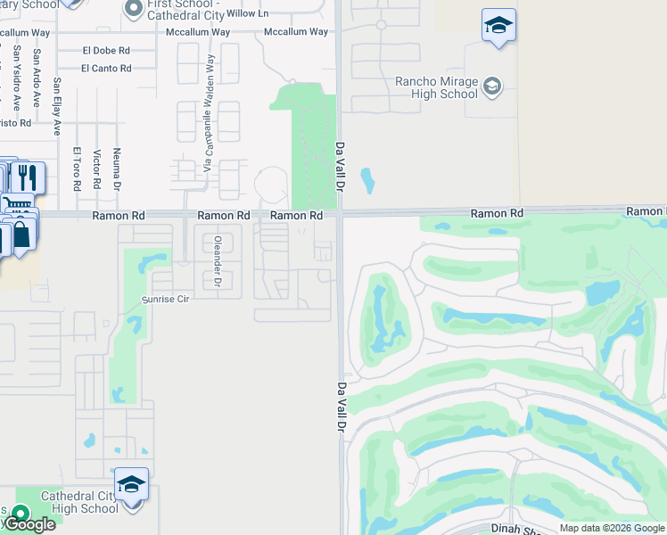 map of restaurants, bars, coffee shops, grocery stores, and more near 70077 Ramon Road in Rancho Mirage