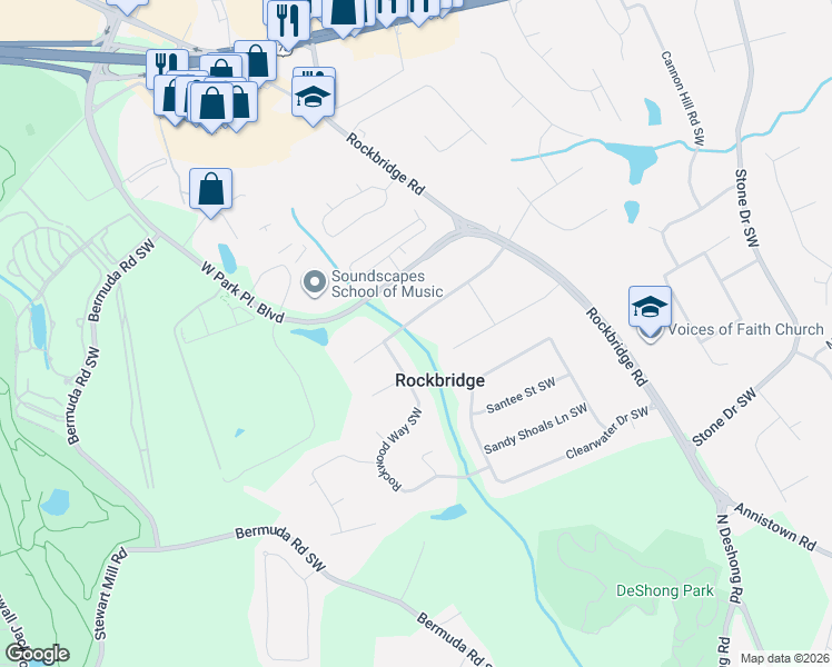 map of restaurants, bars, coffee shops, grocery stores, and more near 5313 Pounds Drive South in Stone Mountain