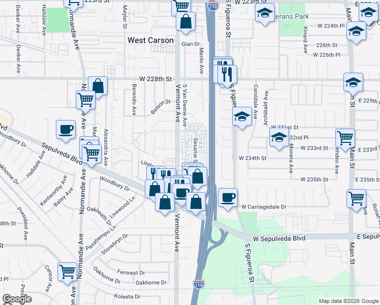 map of restaurants, bars, coffee shops, grocery stores, and more near 23245 Sesame Street in Torrance