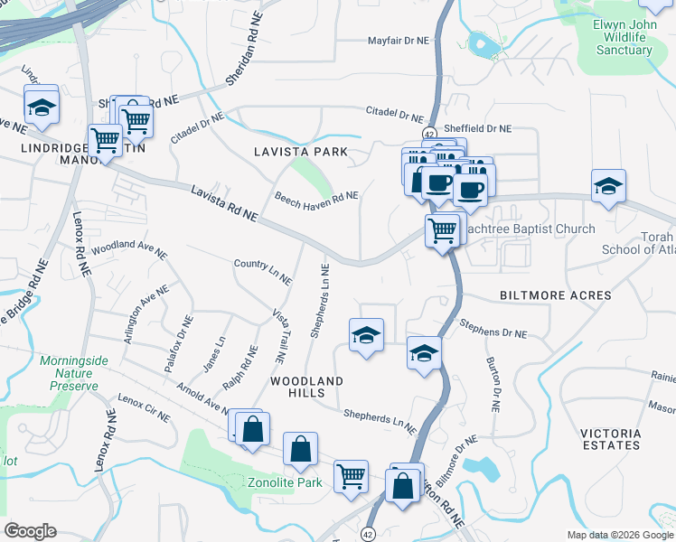 map of restaurants, bars, coffee shops, grocery stores, and more near 1493 Lavista Road Northeast in Atlanta