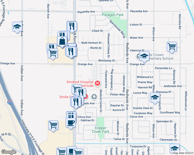 map of restaurants, bars, coffee shops, grocery stores, and more near 130 Grove Court in Perris