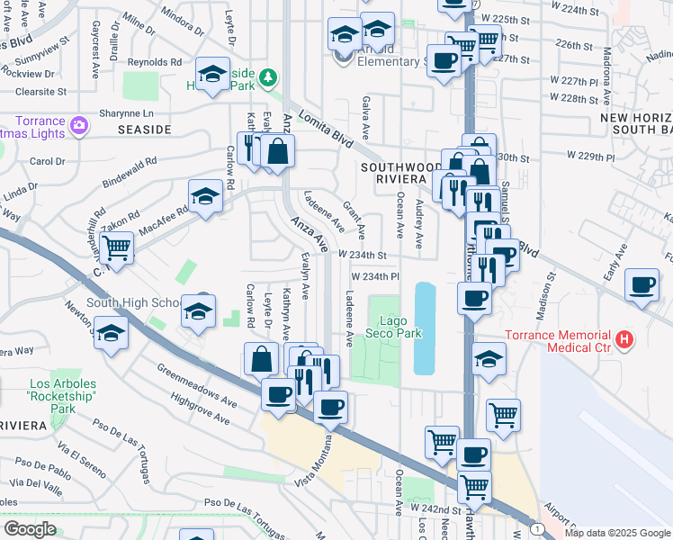 map of restaurants, bars, coffee shops, grocery stores, and more near 23404 West 234th Street in Torrance