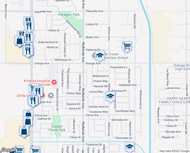 map of restaurants, bars, coffee shops, grocery stores, and more near 531 Wildwood Lane in Perris