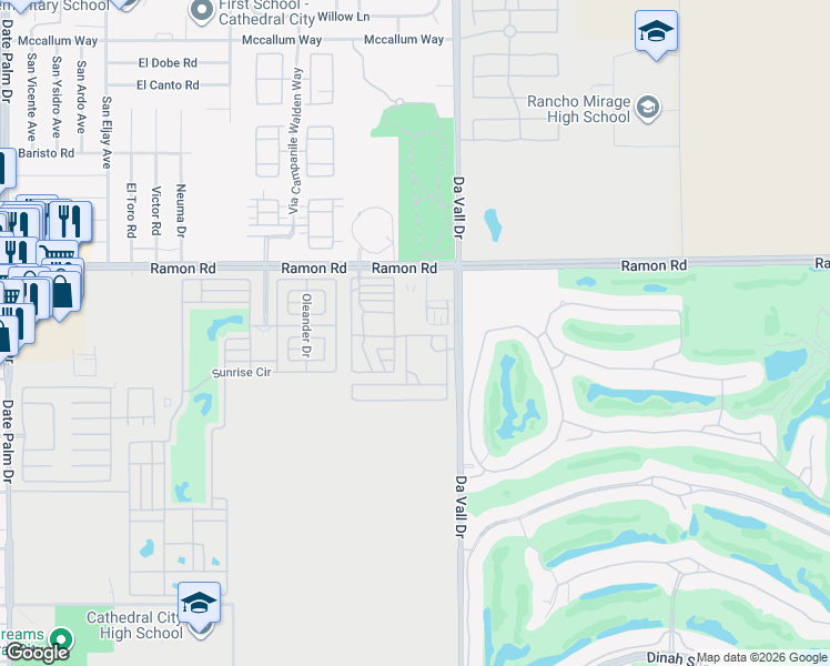 map of restaurants, bars, coffee shops, grocery stores, and more near 32123 Da Vall Drive in Cathedral City