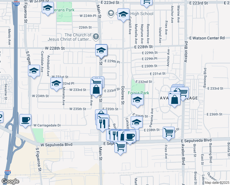map of restaurants, bars, coffee shops, grocery stores, and more near 150 East 233rd Street in Carson