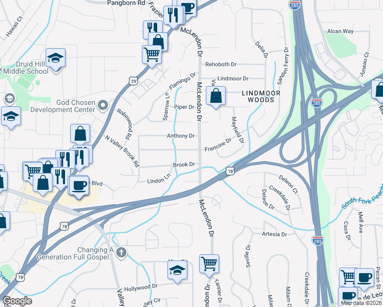 map of restaurants, bars, coffee shops, grocery stores, and more near 3130 Francine Drive in Decatur