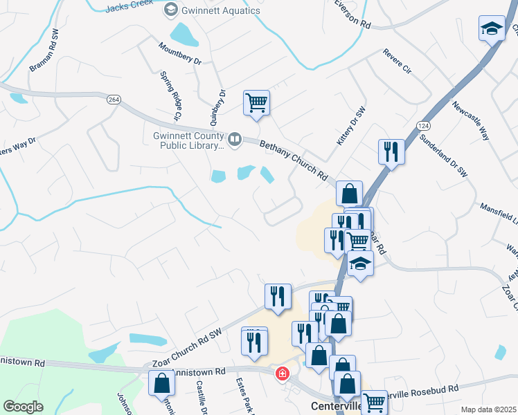 map of restaurants, bars, coffee shops, grocery stores, and more near 4079 Kittery Point Southwest in Snellville