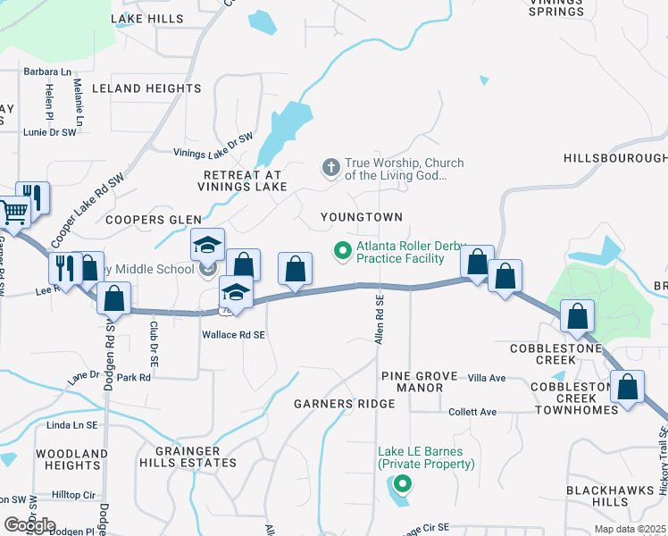 map of restaurants, bars, coffee shops, grocery stores, and more near 281 Veterans Memorial Highway Southeast in Mableton