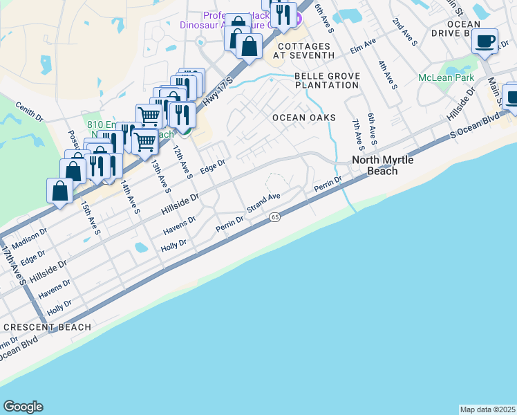 map of restaurants, bars, coffee shops, grocery stores, and more near 301 Johnson Street in North Myrtle Beach