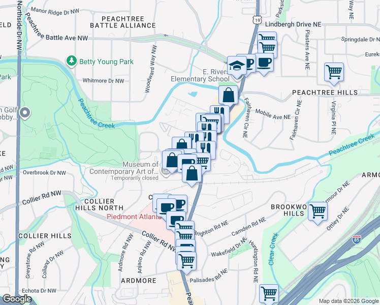 map of restaurants, bars, coffee shops, grocery stores, and more near 100 Colonial Homes Drive Northwest in Atlanta