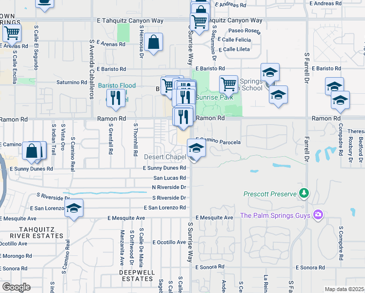 map of restaurants, bars, coffee shops, grocery stores, and more near 306 Logenita Street in Palm Springs