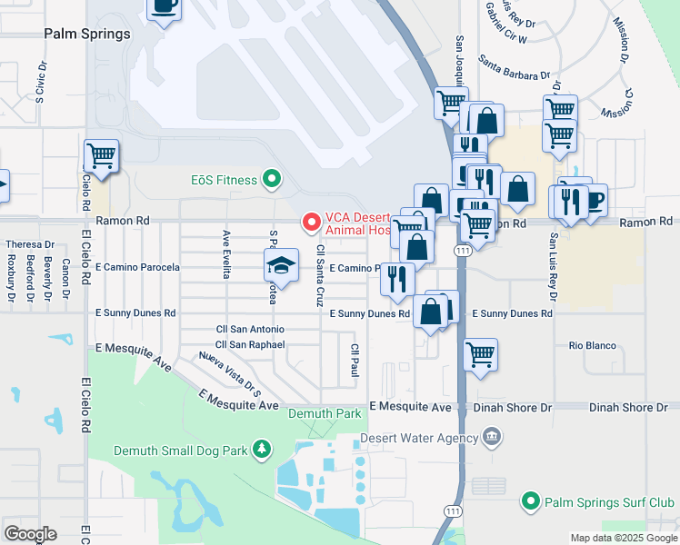 map of restaurants, bars, coffee shops, grocery stores, and more near 4373 East Camino Parocela in Palm Springs