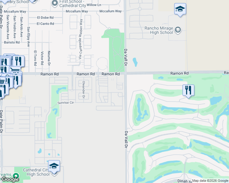 map of restaurants, bars, coffee shops, grocery stores, and more near 32123 Da Vall Drive in Cathedral City