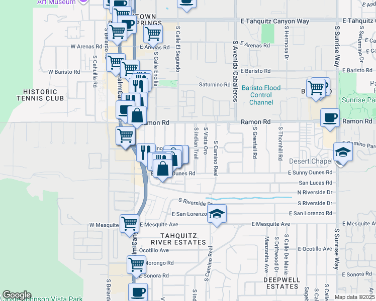 map of restaurants, bars, coffee shops, grocery stores, and more near 723 East Camino Parocela in Palm Springs