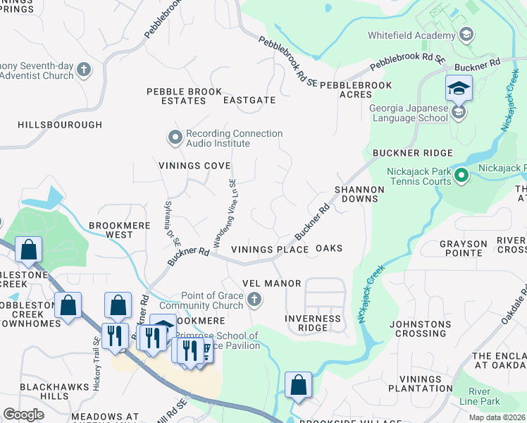map of restaurants, bars, coffee shops, grocery stores, and more near 1153 Vinings Place Way Southeast in Mableton