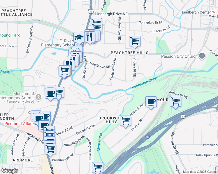 map of restaurants, bars, coffee shops, grocery stores, and more near 2155 Fairhaven Circle Northeast in Atlanta