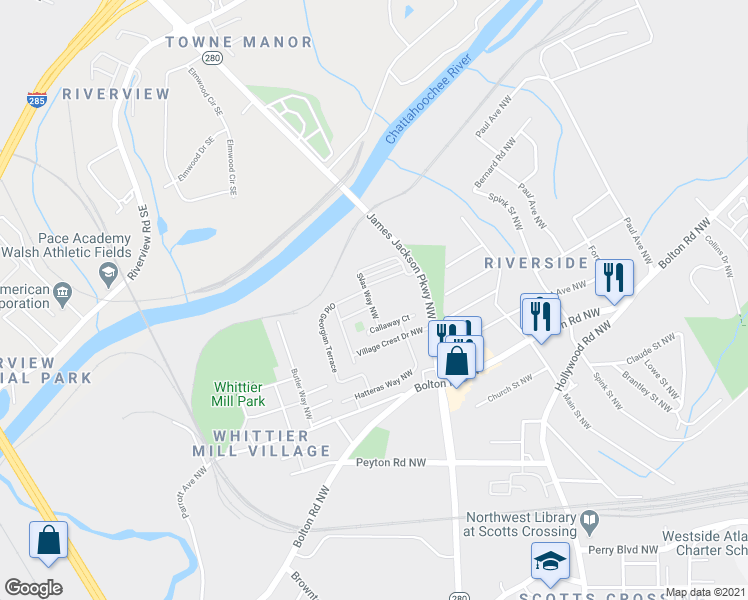 map of restaurants, bars, coffee shops, grocery stores, and more near 2117 Silas Way in Atlanta