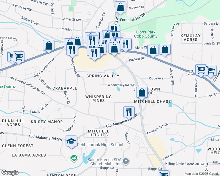 map of restaurants, bars, coffee shops, grocery stores, and more near 760 Woodvalley Road Southwest in Mableton