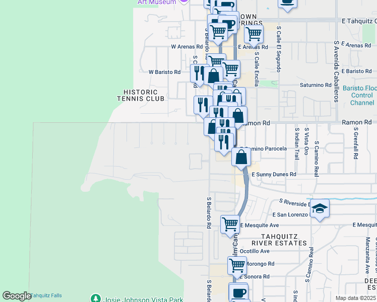map of restaurants, bars, coffee shops, grocery stores, and more near 340 Big Canyon Drive North in Palm Springs