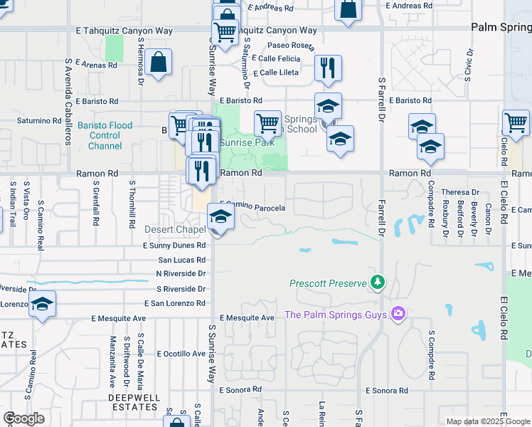 map of restaurants, bars, coffee shops, grocery stores, and more near 2001 East Cam Parocela in Palm Springs