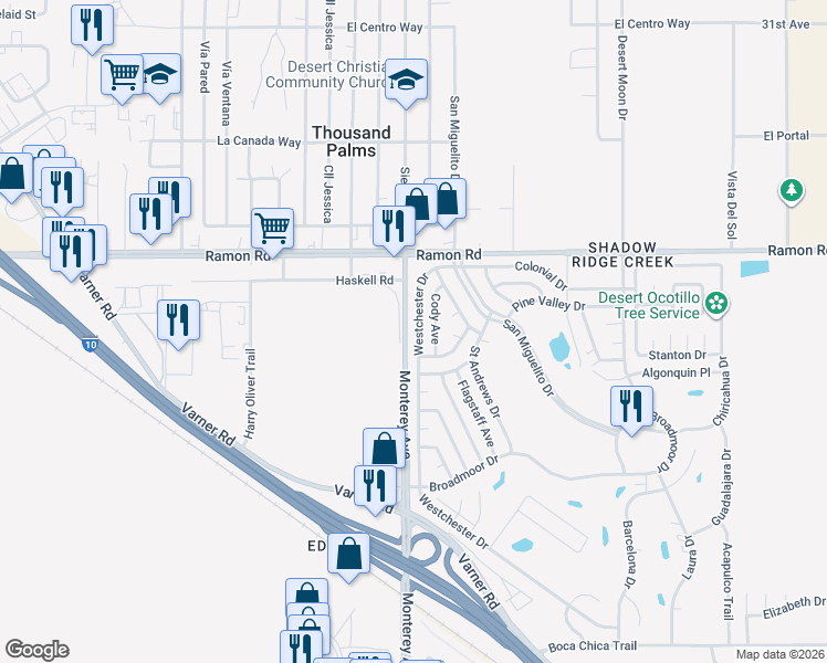 map of restaurants, bars, coffee shops, grocery stores, and more near 32261 Westchester Drive in Thousand Palms