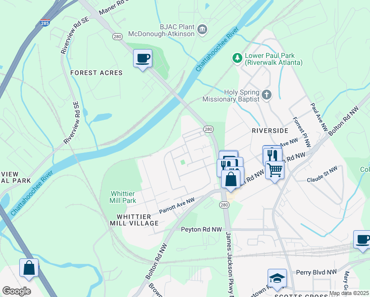 map of restaurants, bars, coffee shops, grocery stores, and more near 2122 Silas Way Northwest in Atlanta