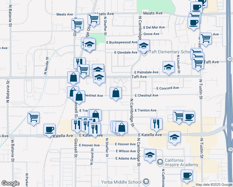 map of restaurants, bars, coffee shops, grocery stores, and more near 621 East Chestnut Avenue in Orange