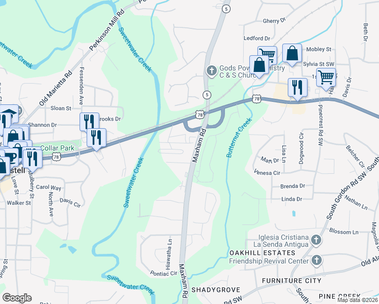 map of restaurants, bars, coffee shops, grocery stores, and more near 5730 Maxham Road in Austell