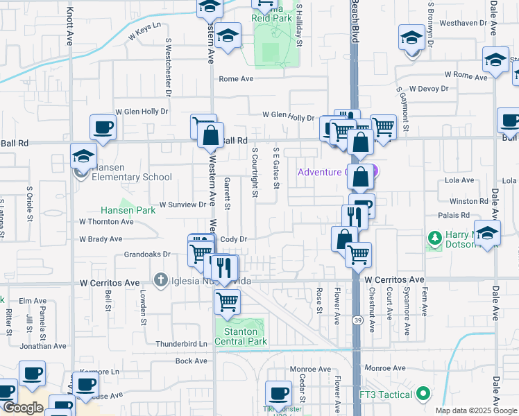 map of restaurants, bars, coffee shops, grocery stores, and more near 3122 West Maywood Avenue in Stanton