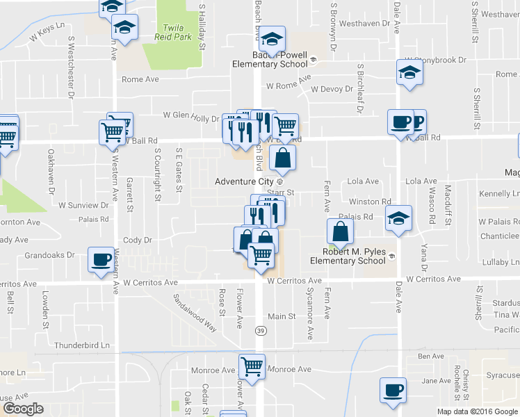 map of restaurants, bars, coffee shops, grocery stores, and more near in Stanton