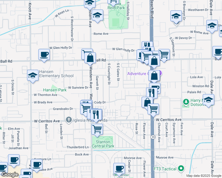 map of restaurants, bars, coffee shops, grocery stores, and more near 3122 West Maywood Avenue in Stanton
