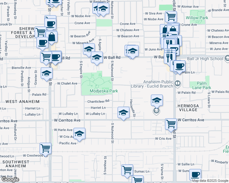 map of restaurants, bars, coffee shops, grocery stores, and more near 1876 West Chalet Avenue in Anaheim
