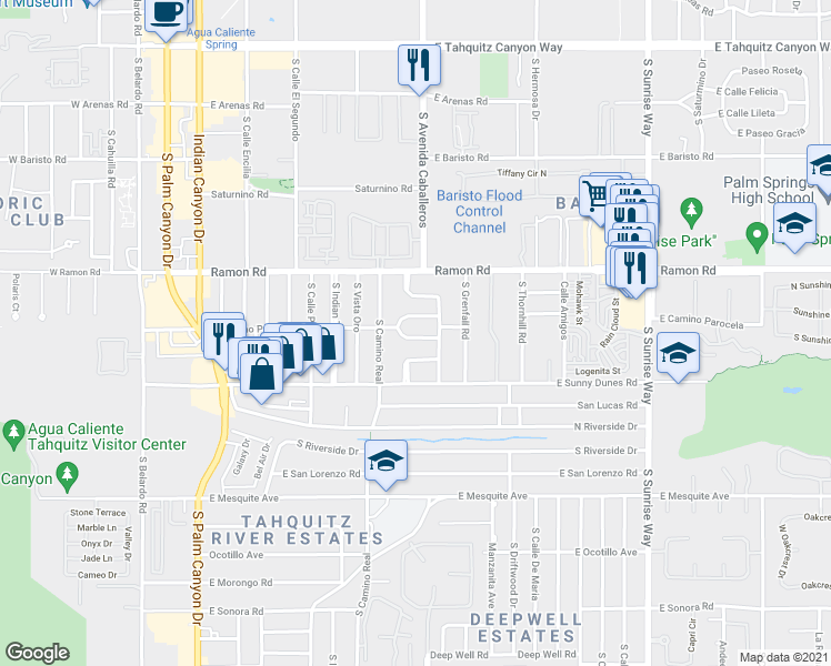 map of restaurants, bars, coffee shops, grocery stores, and more near 555 South Warm Sands Drive in Palm Springs