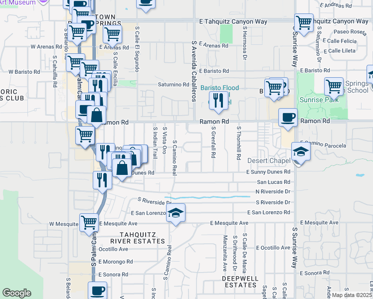 map of restaurants, bars, coffee shops, grocery stores, and more near 940 East Camino Parocela in Palm Springs