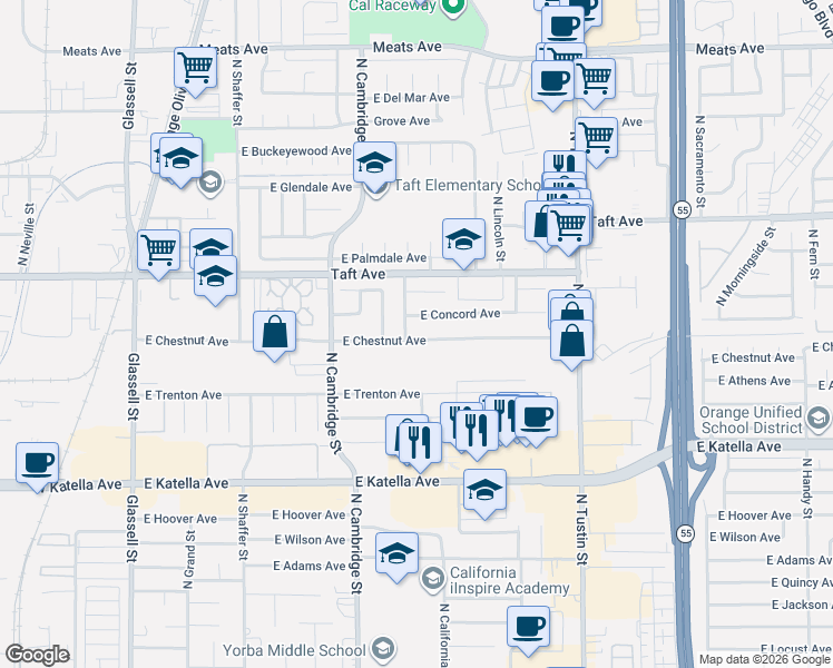 map of restaurants, bars, coffee shops, grocery stores, and more near 1231 East Concord Avenue in Orange