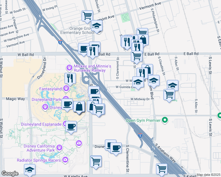 map of restaurants, bars, coffee shops, grocery stores, and more near 312 West Winston Road in Anaheim