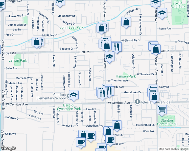 map of restaurants, bars, coffee shops, grocery stores, and more near 3573 West Greentree Circle in Anaheim