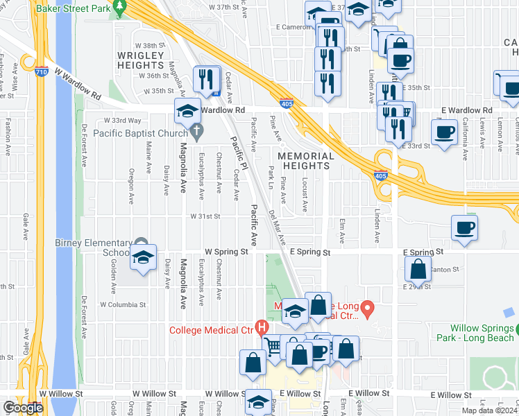 map of restaurants, bars, coffee shops, grocery stores, and more near 3149 Pacific Place in Long Beach