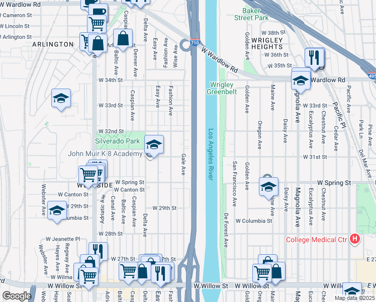 map of restaurants, bars, coffee shops, grocery stores, and more near 3150 Gale Avenue in Long Beach