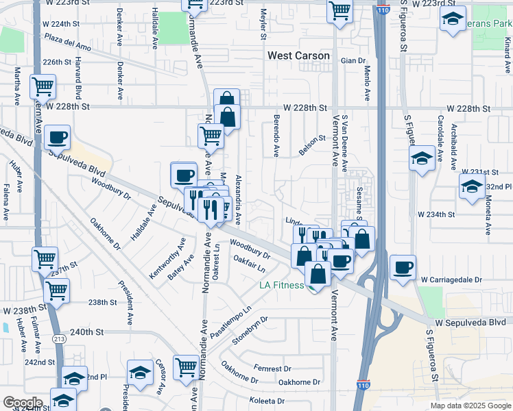 map of restaurants, bars, coffee shops, grocery stores, and more near 1065 Rayland Drive in Torrance