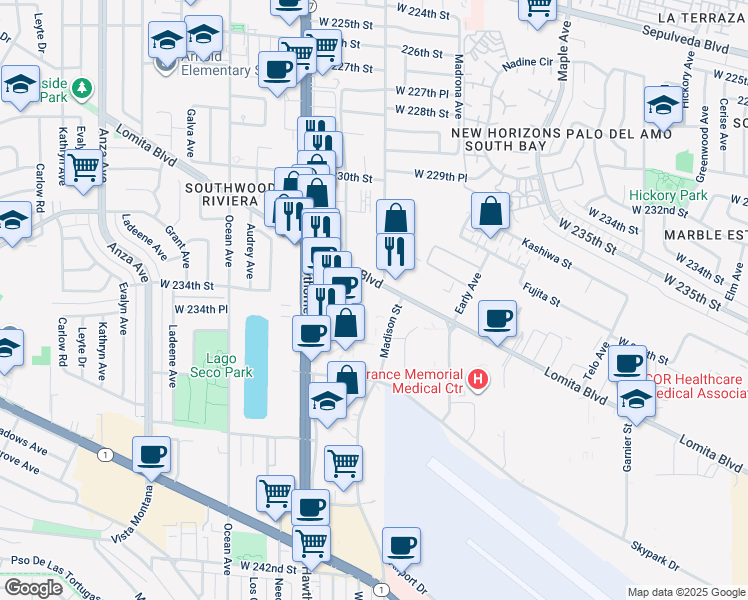 map of restaurants, bars, coffee shops, grocery stores, and more near 3640 Lomita Boulevard in Torrance