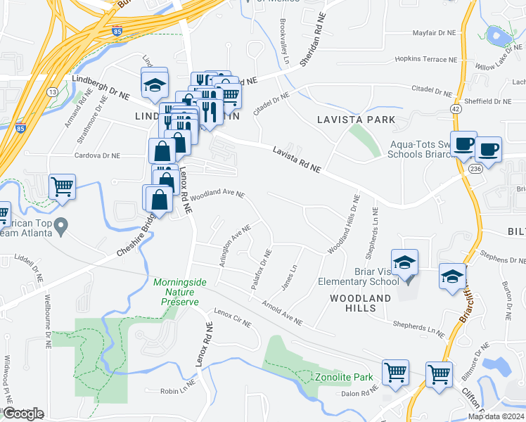 map of restaurants, bars, coffee shops, grocery stores, and more near 1049 Country Lane Northeast in Atlanta