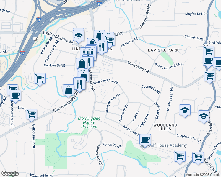 map of restaurants, bars, coffee shops, grocery stores, and more near 1171 Woodland Avenue Northeast in Atlanta