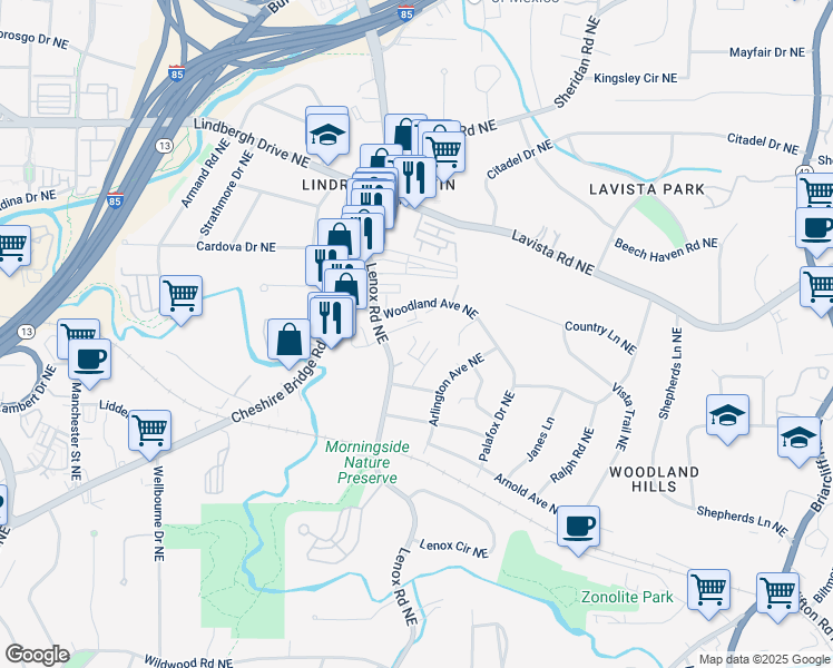 map of restaurants, bars, coffee shops, grocery stores, and more near 1171 Woodland Avenue Northeast in Atlanta