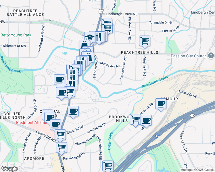 map of restaurants, bars, coffee shops, grocery stores, and more near 2100 Fairhaven Circle Northeast in Atlanta