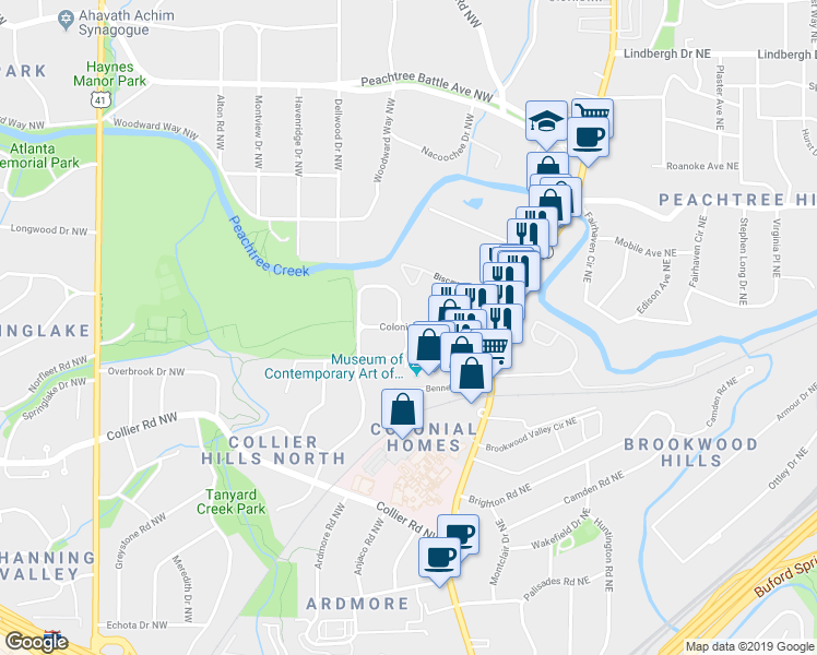 map of restaurants, bars, coffee shops, grocery stores, and more near 25 North Colonial Homes Circle Northwest in Atlanta