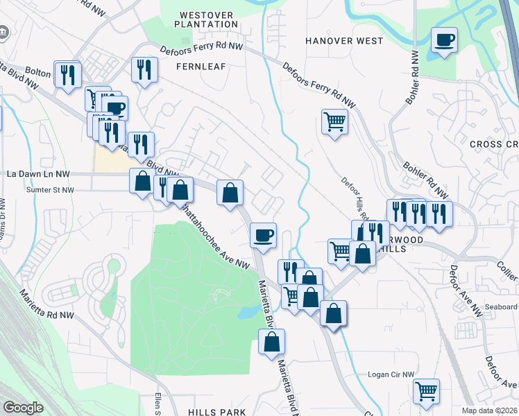 map of restaurants, bars, coffee shops, grocery stores, and more near 2099 Bolton Drive Northwest in Atlanta
