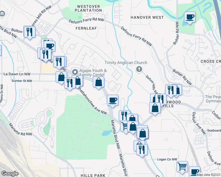 map of restaurants, bars, coffee shops, grocery stores, and more near 2099 Bolton Drive Northwest in Atlanta