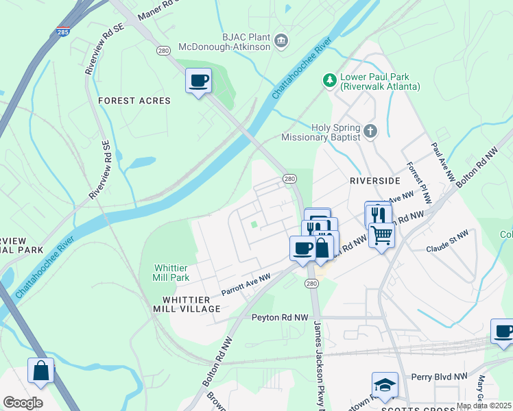 map of restaurants, bars, coffee shops, grocery stores, and more near 2122 Silas Way Northwest in Atlanta